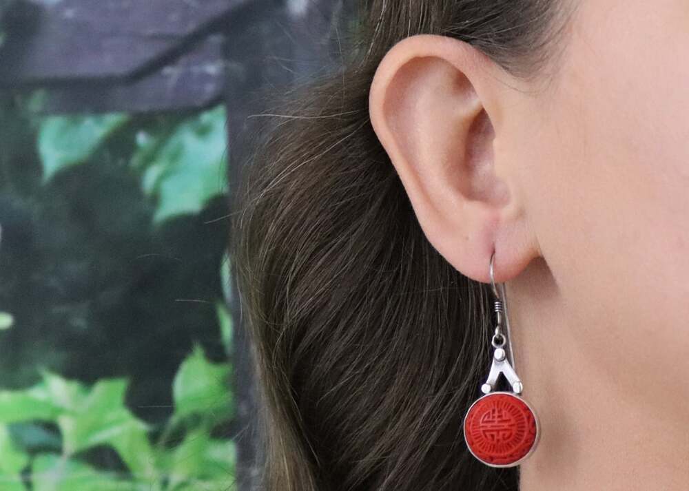 Sterling Silver Sajen Cinnabar Chinese Long Life Earrings Dangle 2 " x 5/8" in - Picture 4 of 8